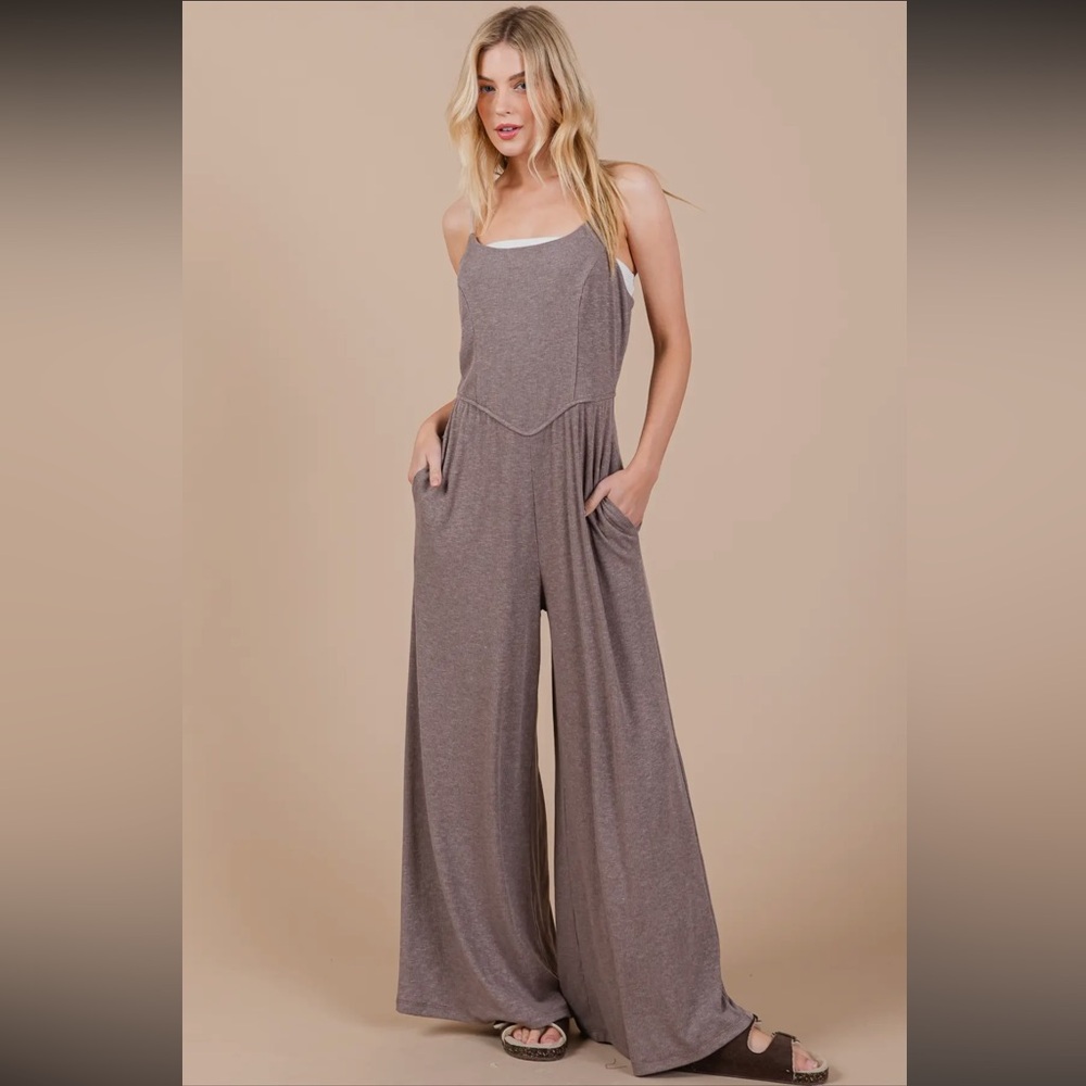Solid Wide Leg Ribbed Knit Jumpsuit